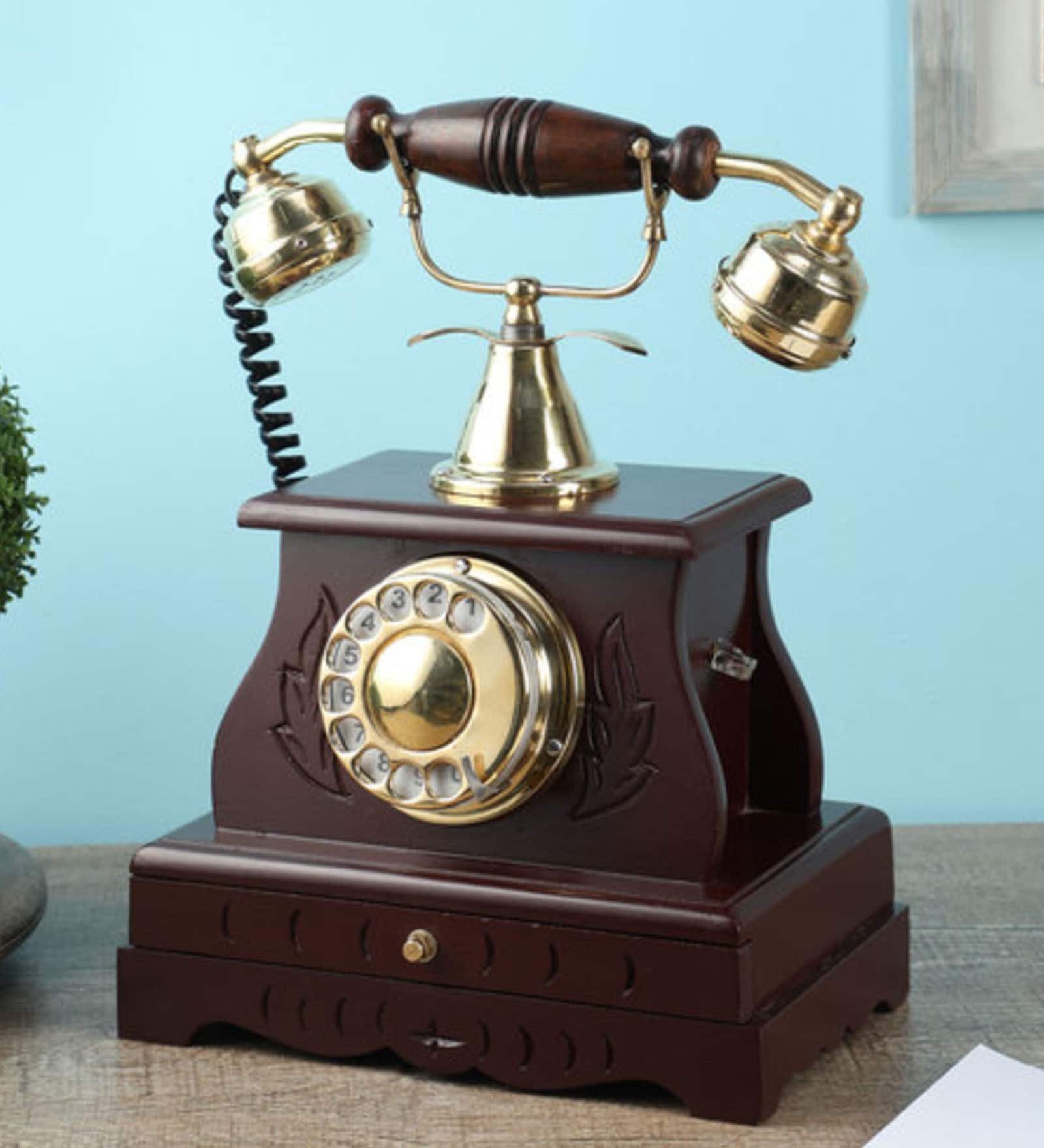 Vintage Working Telephone In Brown Wood & Metal Showpiece